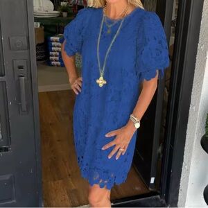 Royal Blue Floral Lace Shift Mini Dress  Size: S/M, Puff Sleeve Cocktail Party